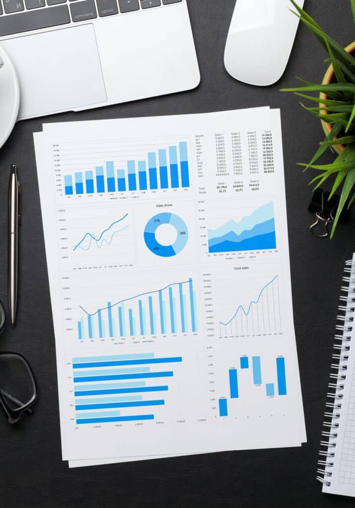 Office workplace table with reports